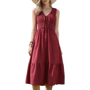imageAllegra K Sleeveless Dress for Women V Neck Bow Tie Smocked A Line Summer Casual Tiered Midi DressesBurgundy