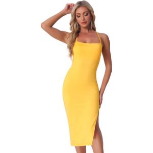 imageAllegra K Spaghetti Strap Dress for Womens Slim Fit Sleeveless Split Bodycon Cocktail Party DressYellow