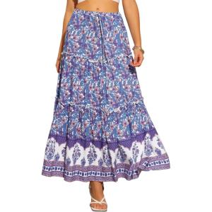 imageAllegra K Summer Boho Maxi Skirts for Women Floral Flowy Ruffle Tiered Long Skirts with PocketsBlue Purple