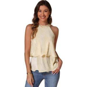 imageAllegra K Summer Halter Tank Tops for Womens Casual Elegant Satin Pleated Flowy Blouses ShirtsApricot