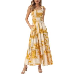 imageAllegra K Summer Spaghetti Strap Dress for Womens Beach Printed Square Neck Maxi Sun Dresses ALine Long DressYellow
