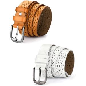 imageAllegra K Unisex Retro Floral Hollow Belts Pin Buckle Faux Leather Belts for Jeans PantsBrown  White