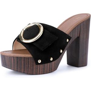 imageAllegra K Womens Buckle Slip on Chunky High Heels Platform SandalsBlack