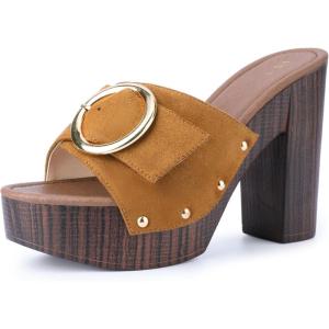 imageAllegra K Womens Buckle Slip on Chunky High Heels Platform SandalsBrown