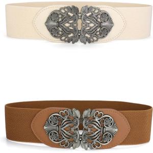 imageAllegra K Womens Elastic Wide Waist Belts Floral Metal Buckle Stretchy Belts for DressesBrown  Beige