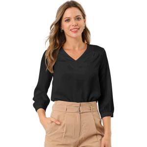 imageAllegra K Womens Formal Blouse Dressy Office 34 Sleeve V Neck Satin ShirtBlack