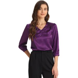 imageAllegra K Womens Formal Blouse Dressy Office 34 Sleeve V Neck Satin ShirtDark Purple