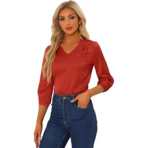 imageAllegra K Womens Formal Blouse Dressy Office 34 Sleeve V Neck Satin ShirtRed