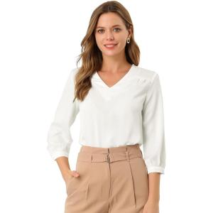 imageAllegra K Womens Formal Blouse Dressy Office 34 Sleeve V Neck Satin ShirtWhite