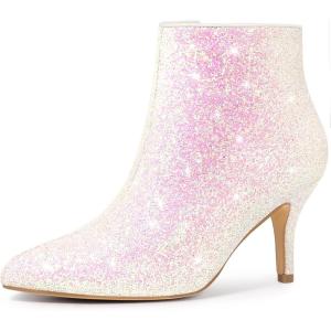 imageAllegra K Womens Glitter Pointed Toe Stiletto Heel Ankle BootsBling White
