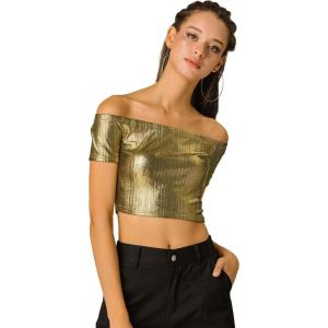 imageAllegra K Womens Halloween Off Shoulder Party Club Slim Fit Shiny Metallic Crop TopBlackgold