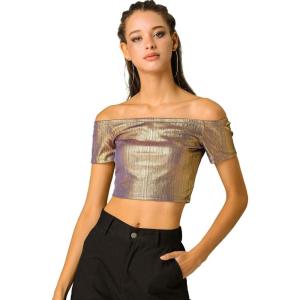 imageAllegra K Womens Halloween Off Shoulder Party Club Slim Fit Shiny Metallic Crop TopChampagne