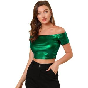 imageAllegra K Womens Halloween Off Shoulder Party Club Slim Fit Shiny Metallic Crop TopGreen