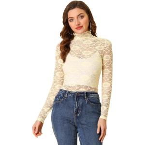 imageAllegra K Womens Lace Floral Embroidery Mock Turtle Neck Long Sleeve Party Slim Fit Sexy Sheer Mesh TopBeige
