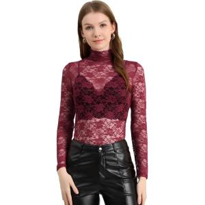 imageAllegra K Womens Lace Floral Embroidery Mock Turtle Neck Long Sleeve Party Slim Fit Sexy Sheer Mesh TopBurgundy