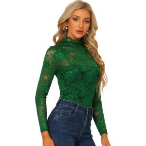 imageAllegra K Womens Lace Floral Embroidery Mock Turtle Neck Long Sleeve Party Slim Fit Sexy Sheer Mesh TopDark Green