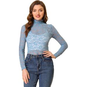 imageAllegra K Womens Lace Floral Embroidery Mock Turtle Neck Long Sleeve Party Slim Fit Sexy Sheer Mesh TopDusty Blue