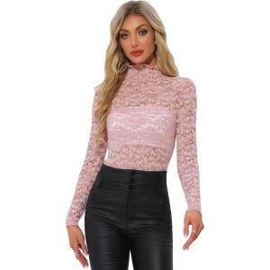 imageAllegra K Womens Lace Floral Embroidery Mock Turtle Neck Long Sleeve Party Slim Fit Sexy Sheer Mesh TopDusty Pink