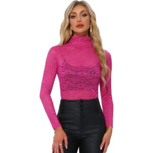 imageAllegra K Womens Lace Floral Embroidery Mock Turtle Neck Long Sleeve Party Slim Fit Sexy Sheer Mesh TopFuchsia
