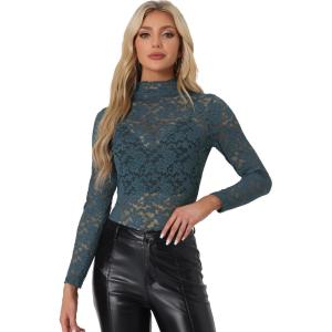 imageAllegra K Womens Lace Floral Embroidery Mock Turtle Neck Long Sleeve Party Slim Fit Sexy Sheer Mesh TopGrey Blue
