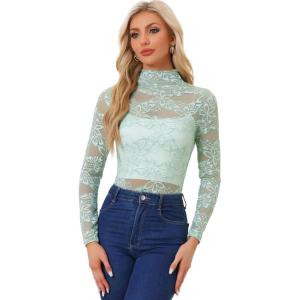 imageAllegra K Womens Lace Floral Embroidery Mock Turtle Neck Long Sleeve Party Slim Fit Sexy Sheer Mesh TopLight Green