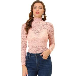 imageAllegra K Womens Lace Floral Embroidery Mock Turtle Neck Long Sleeve Party Slim Fit Sexy Sheer Mesh TopPink