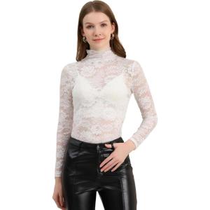imageAllegra K Womens Lace Floral Embroidery Mock Turtle Neck Long Sleeve Party Slim Fit Sexy Sheer Mesh TopWhite
