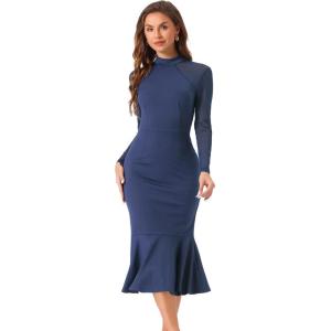 imageAllegra K Womens Mermaid Bodycon Dress Sheer Mesh Long Sleeve Mock Neck Elegant Evening Cocktail Valentines DressesNavy Blue