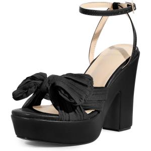 imageAllegra K Womens Platform Bow Heels Slingback Chunky Heel SandalsBlack