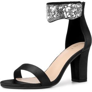 imageAllegra K Womens Rhinestone Open Toe Ankle Strap Diamond Heels Chunky Sparkly Heels Dress SandalsBlack