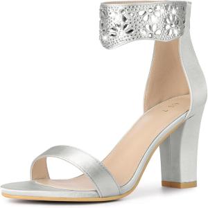 imageAllegra K Womens Rhinestone Open Toe Ankle Strap Diamond Heels Chunky Sparkly Heels Dress SandalsSilver