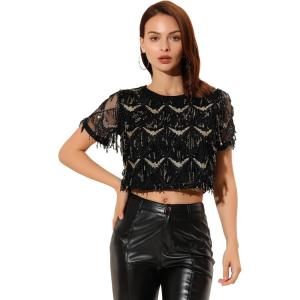 imageAllegra K Womens Sequin Shiny Glitter Crop Top Christmas Short Sleeves Sexy Party Tassel TShirtBlack
