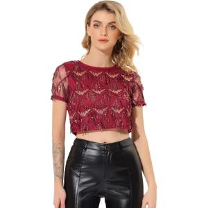 imageAllegra K Womens Sequin Shiny Glitter Crop Top Christmas Short Sleeves Sexy Party Tassel TShirtBurgundy