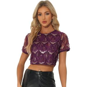 imageAllegra K Womens Sequin Shiny Glitter Crop Top Christmas Short Sleeves Sexy Party Tassel TShirtDeep Purple
