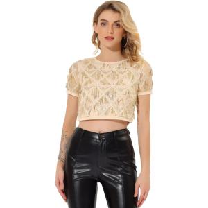 imageAllegra K Womens Sequin Shiny Glitter Crop Top Christmas Short Sleeves Sexy Party Tassel TShirtGold