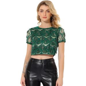 imageAllegra K Womens Sequin Shiny Glitter Crop Top Christmas Short Sleeves Sexy Party Tassel TShirtGreen