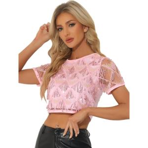 imageAllegra K Womens Sequin Shiny Glitter Crop Top Christmas Short Sleeves Sexy Party Tassel TShirtLight Pink
