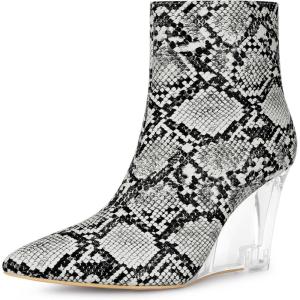 imageAllegra K Womens Snakeskin Printed Ankle Boots Pointed Toe Wedge Clear Heels BootsBlack White Snake