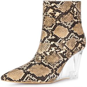 imageAllegra K Womens Snakeskin Printed Ankle Boots Pointed Toe Wedge Clear Heels BootsBrown Snake
