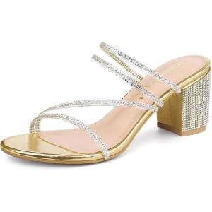 imageAllegra K Womens Strappy Rhinestone Block Heel Slide SandalsGold