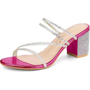 imageAllegra K Womens Strappy Rhinestone Block Heel Slide SandalsHot Pink