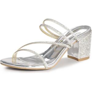 imageAllegra K Womens Strappy Rhinestone Block Heel Slide SandalsSilver