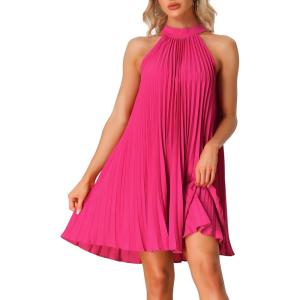 imageAllegra K Womens Tie Halter Neck Dress Sleeveless Summer Solid Color Flowy Pleated Beach Dress SundressHot Pink
