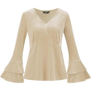 imageAllegra K Womens V Neck Velvet Blouse Halloween Party Flare Long Sleeve Peplum TopBeige