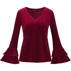 imageAllegra K Womens V Neck Velvet Blouse Halloween Party Flare Long Sleeve Peplum TopBurgundy
