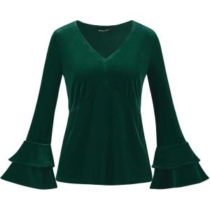 imageAllegra K Womens V Neck Velvet Blouse Halloween Party Flare Long Sleeve Peplum TopDark Green