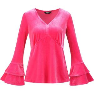 imageAllegra K Womens V Neck Velvet Blouse Halloween Party Flare Long Sleeve Peplum TopHot Pink