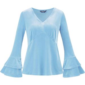 imageAllegra K Womens V Neck Velvet Blouse Halloween Party Flare Long Sleeve Peplum TopLight Blue