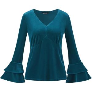 imageAllegra K Womens V Neck Velvet Blouse Halloween Party Flare Long Sleeve Peplum TopPeacock Blue
