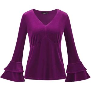imageAllegra K Womens V Neck Velvet Blouse Halloween Party Flare Long Sleeve Peplum TopPurple